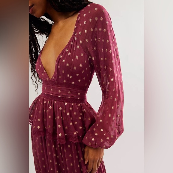 FREE PEOPLE x ROCOCO SAND Emi Burgundy and Gold Tiered Long Sleeved Dress L - Picture 13 of 14